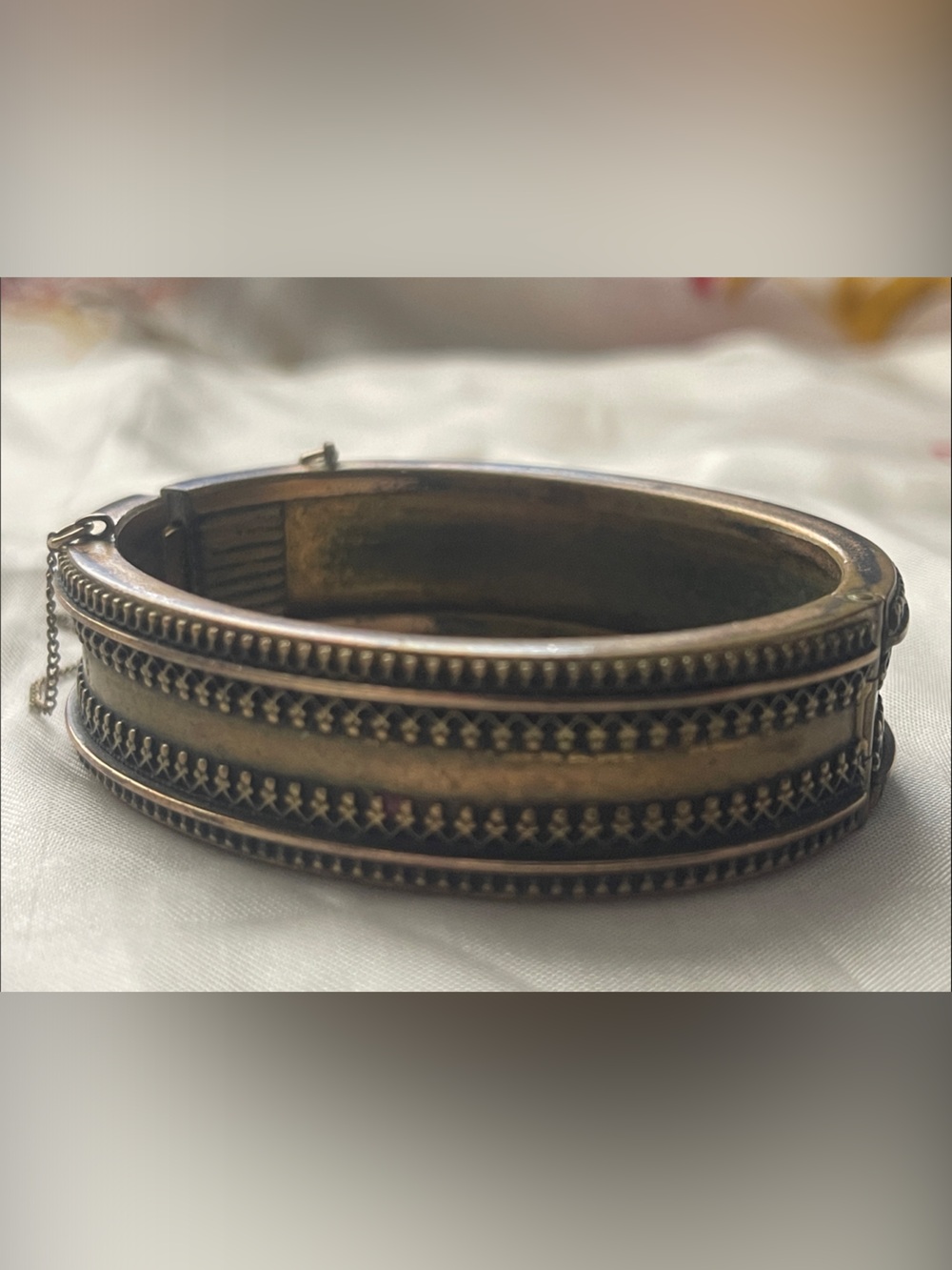 Antique 1878 Pat Gold Plated Hinged Bracelet with Decorative Banding